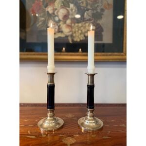 Vintage‎ Brass Candlesticks with Black Glazed Ceramic Stem 7.5"